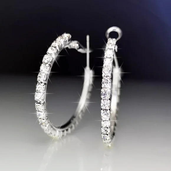 Platinum plated Rhinestone hoop earrings - Picture 3 of 4